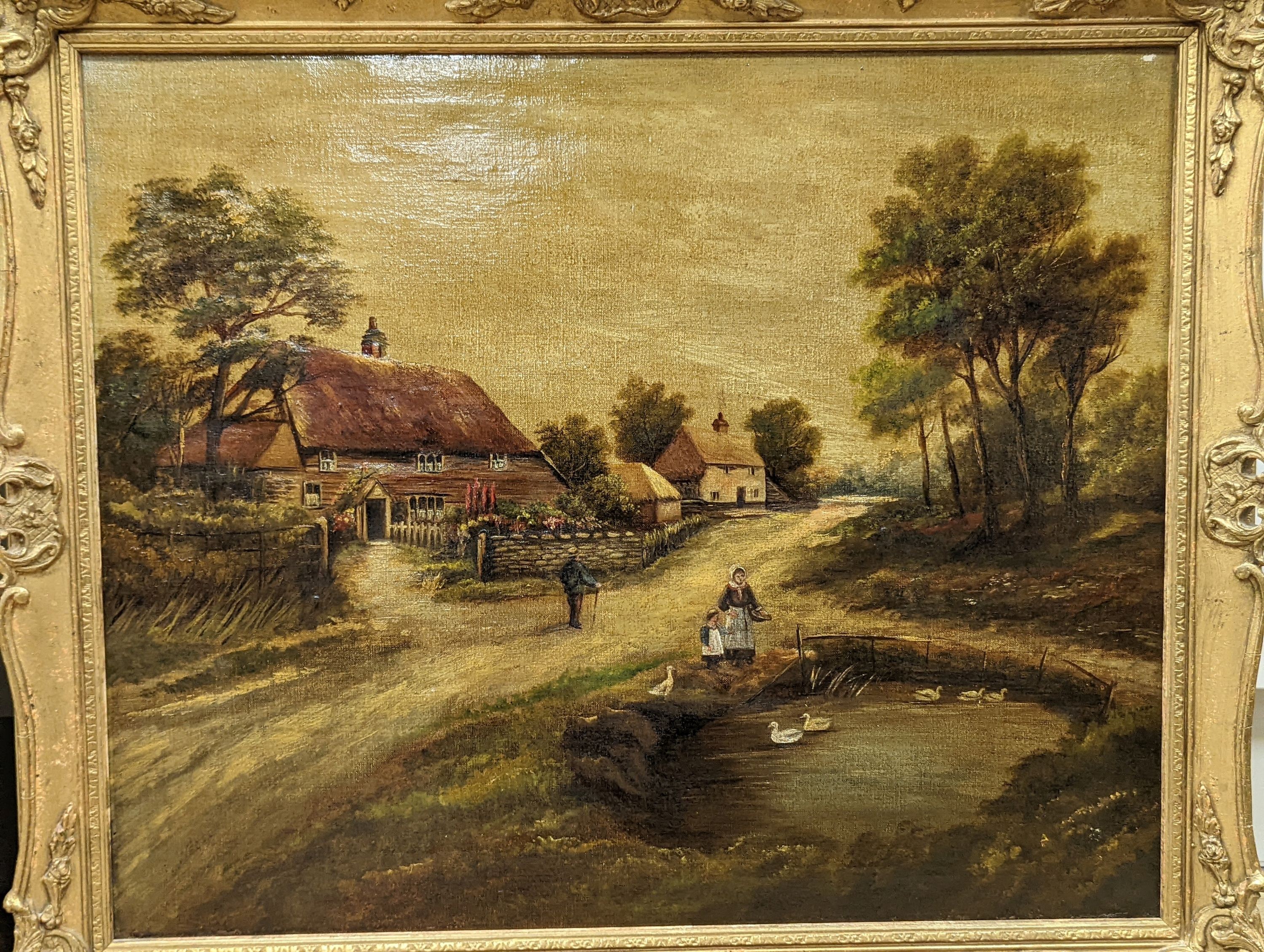 Early 20th century English School, two oils on canvas, Village scenes with duck ponds, largest 50 x 60cm